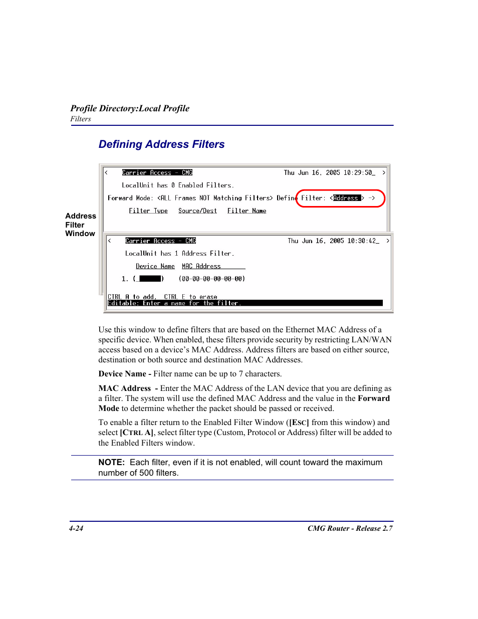 Defining address filters, Defining address filters -24 | Carrier Access CMG Router User Manual | Page 110 / 296