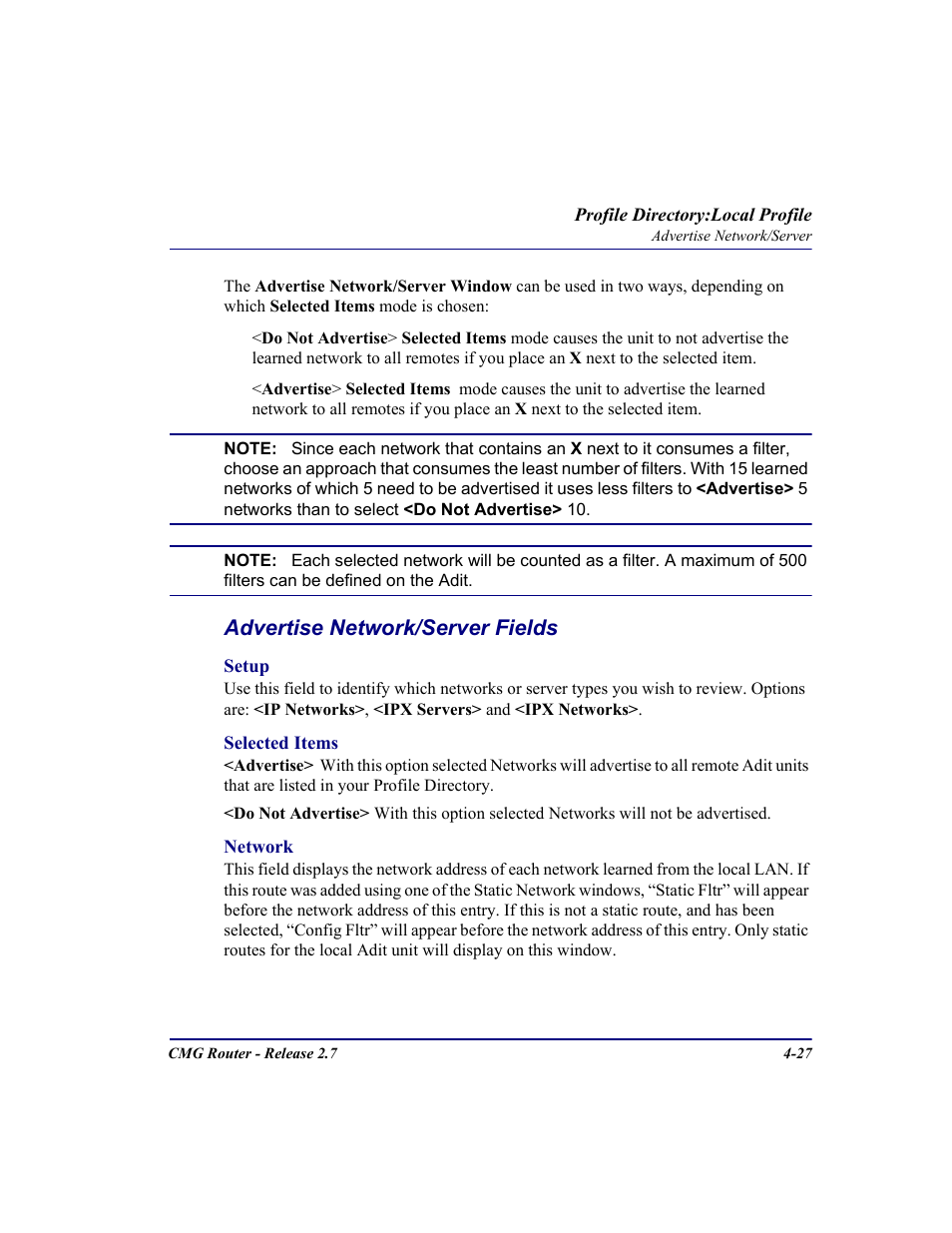 Advertise network/server fields | Carrier Access CMG Router User Manual | Page 113 / 296