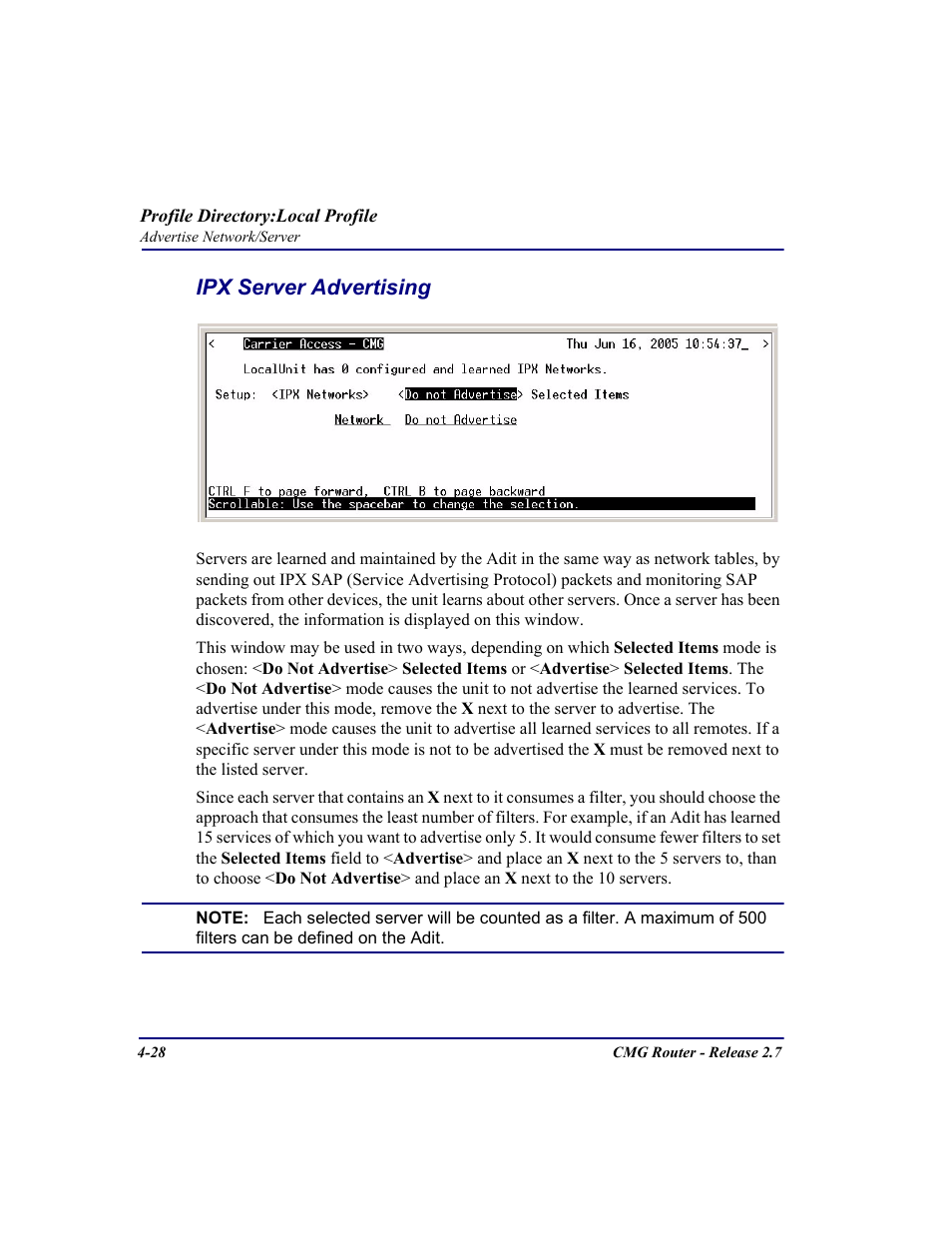 Ipx server advertising, Ipx server advertising -28 | Carrier Access CMG Router User Manual | Page 114 / 296