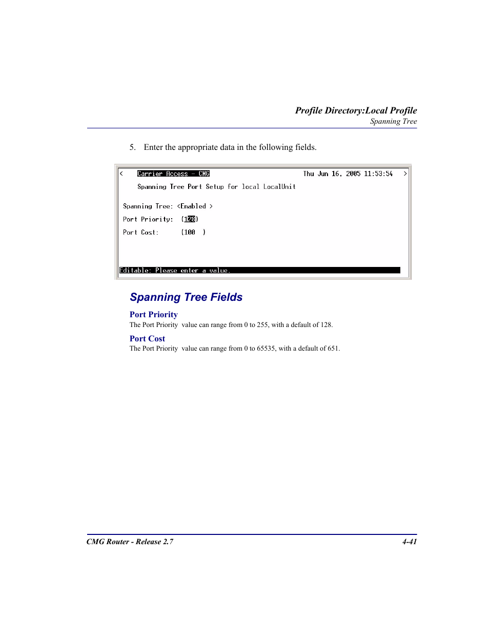 Spanning tree fields | Carrier Access CMG Router User Manual | Page 127 / 296