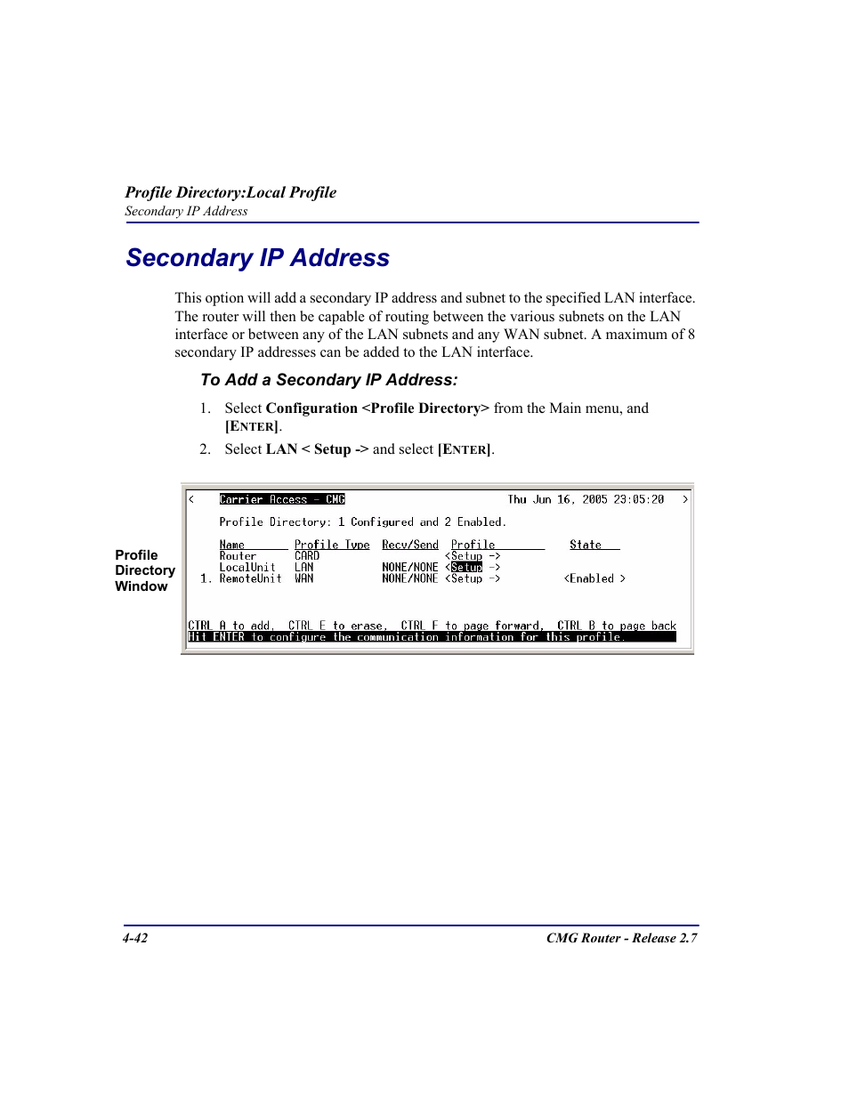 Secondary ip address, Secondary ip address -42 | Carrier Access CMG Router User Manual | Page 128 / 296