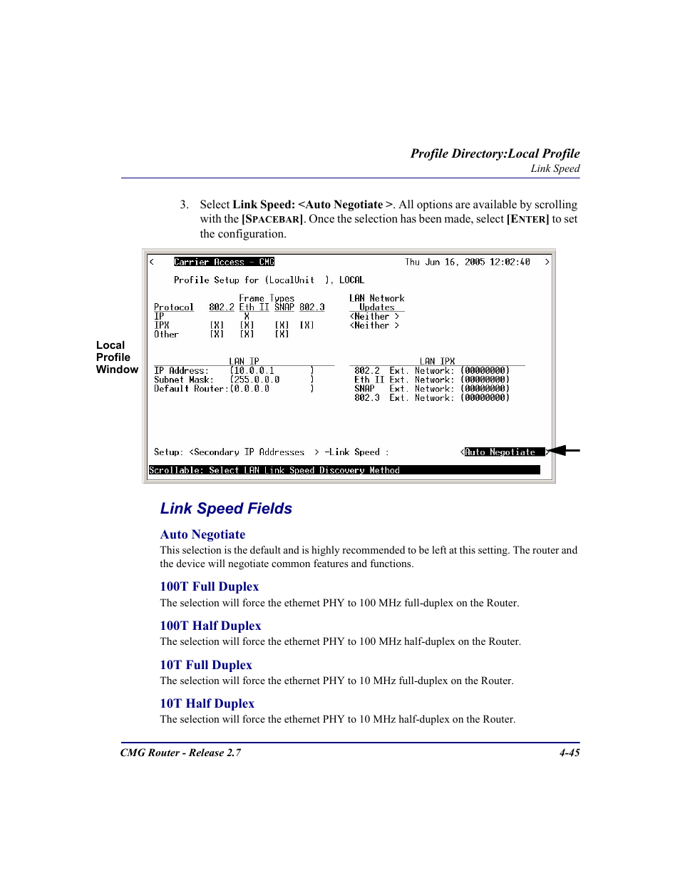 Link speed fields | Carrier Access CMG Router User Manual | Page 131 / 296