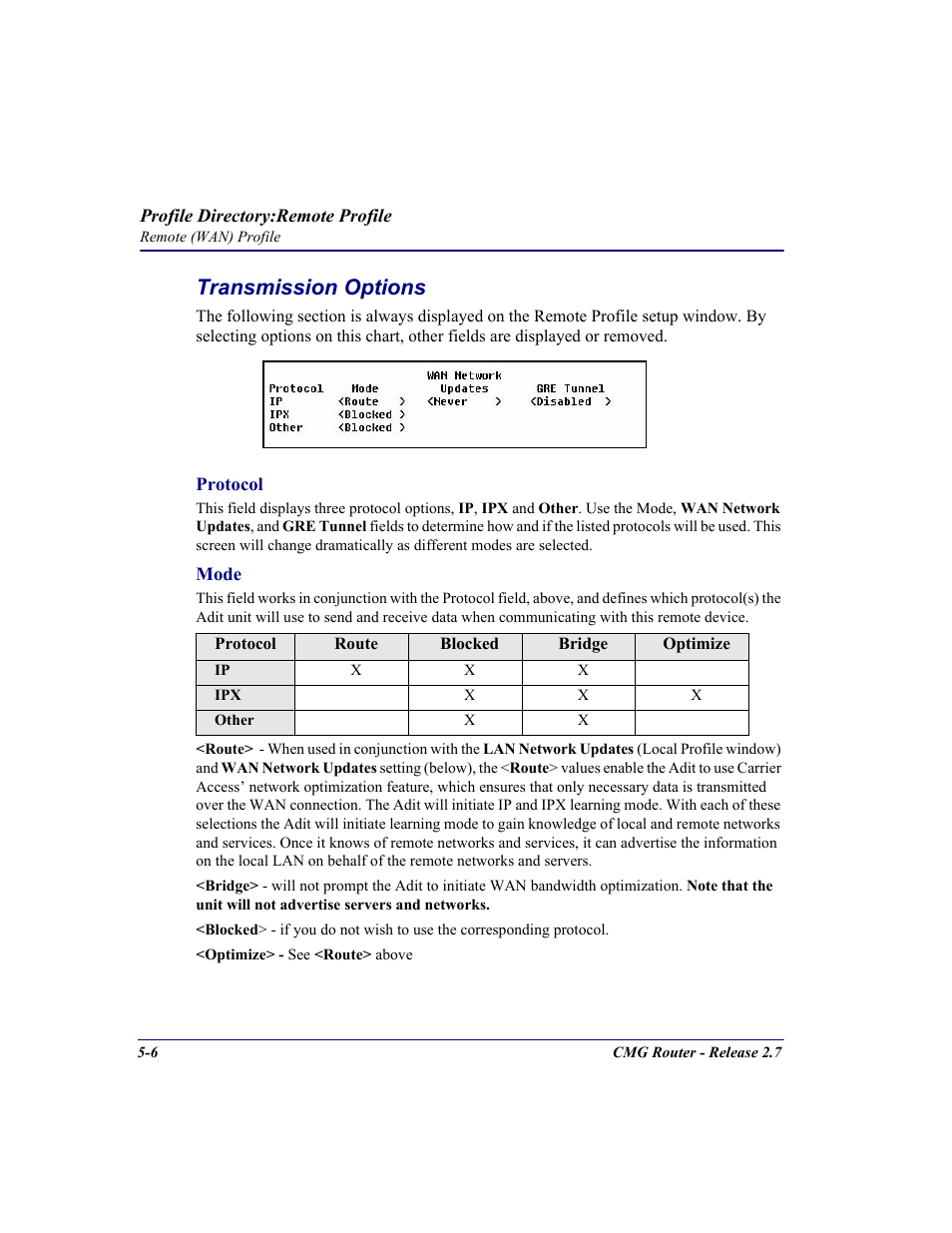 Transmission options, Transmission options -6 | Carrier Access CMG Router User Manual | Page 138 / 296