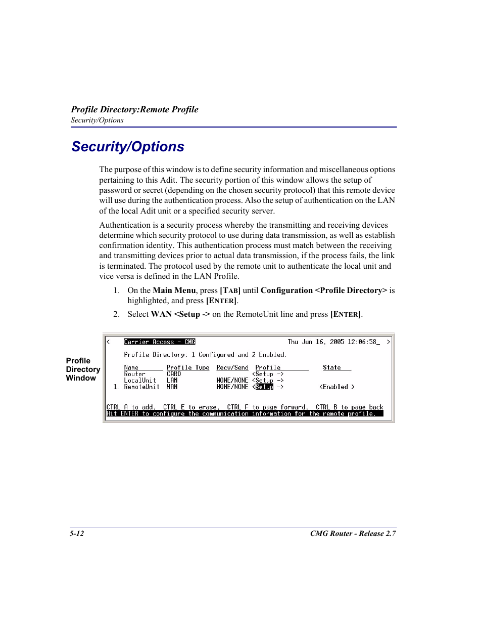 Security/options, Security/options -12 | Carrier Access CMG Router User Manual | Page 144 / 296