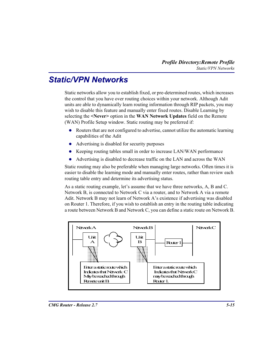 Static/vpn networks, Static/vpn networks -15 | Carrier Access CMG Router User Manual | Page 147 / 296