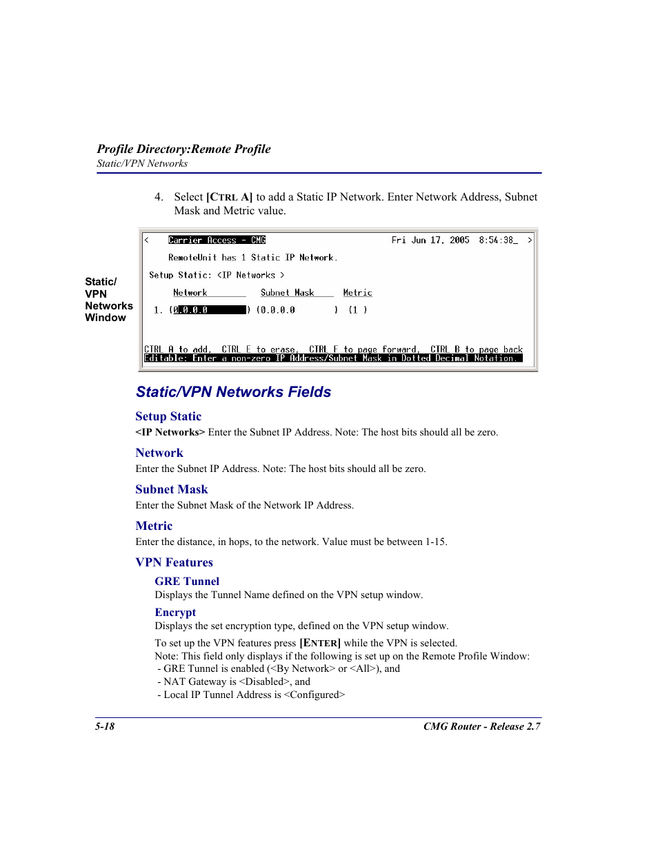 Static/vpn networks fields | Carrier Access CMG Router User Manual | Page 150 / 296