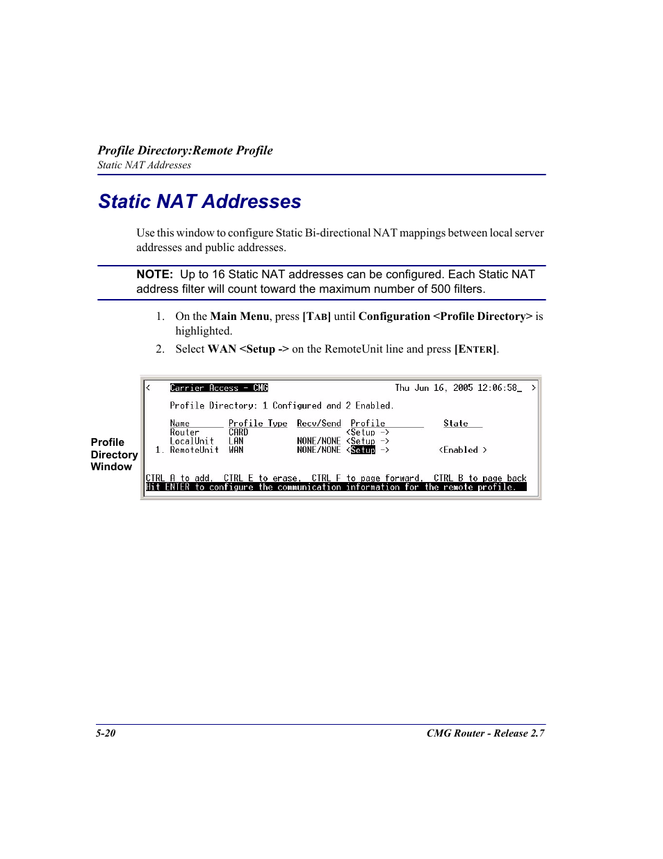 Static nat addresses, Static nat addresses -20 | Carrier Access CMG Router User Manual | Page 152 / 296