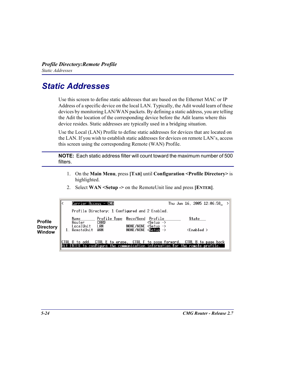 Static addresses, Static addresses -24 | Carrier Access CMG Router User Manual | Page 156 / 296