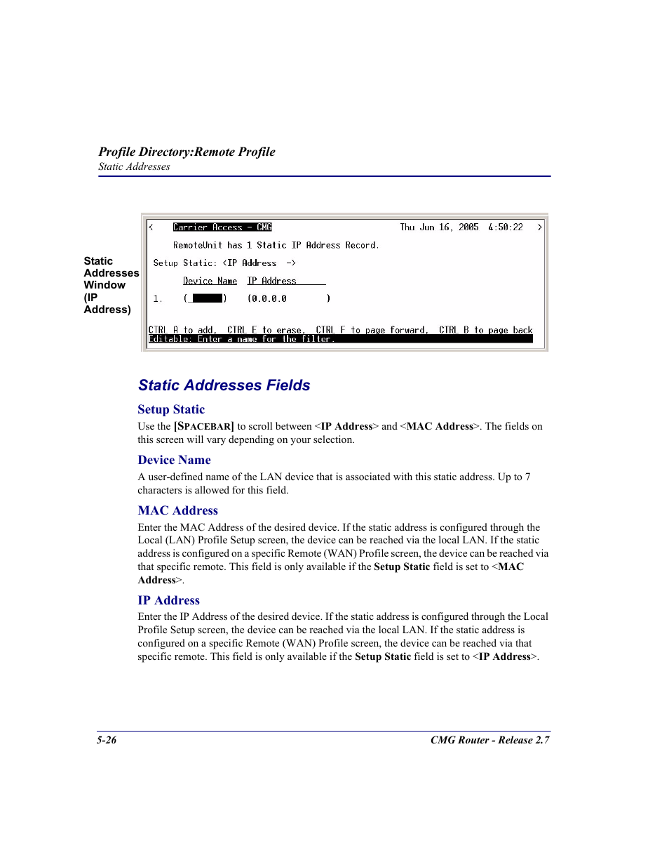 Static addresses fields | Carrier Access CMG Router User Manual | Page 158 / 296