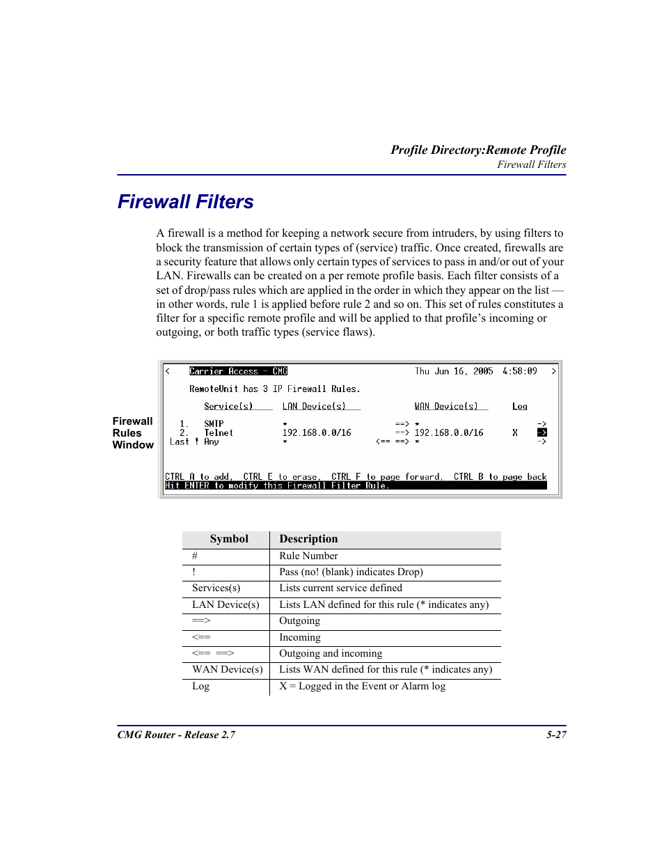 Firewall filters, Firewall filters -27 | Carrier Access CMG Router User Manual | Page 159 / 296