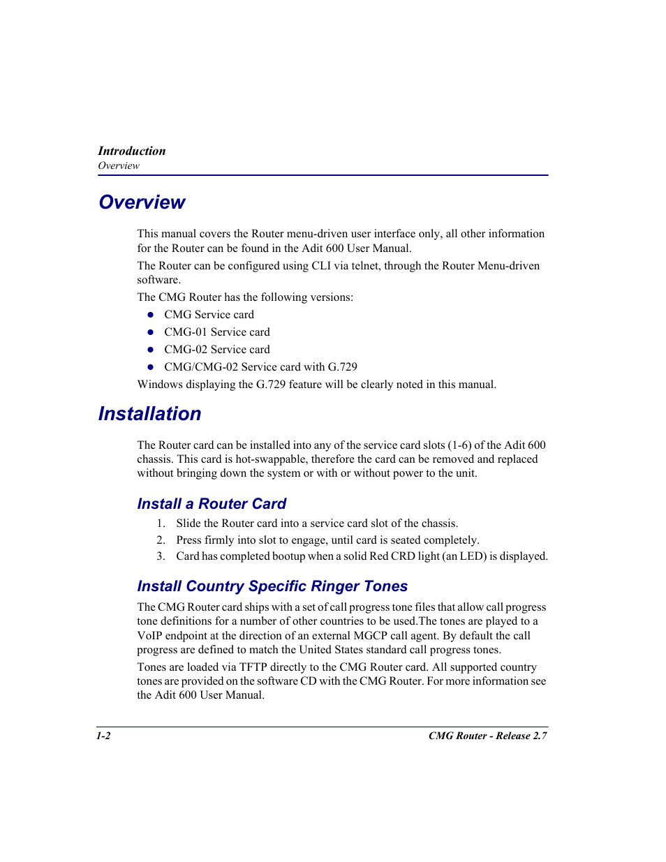 Overview, Installation, Install a router card | Install country specific ringer tones, Overview -2 installation -2 | Carrier Access CMG Router User Manual | Page 16 / 296