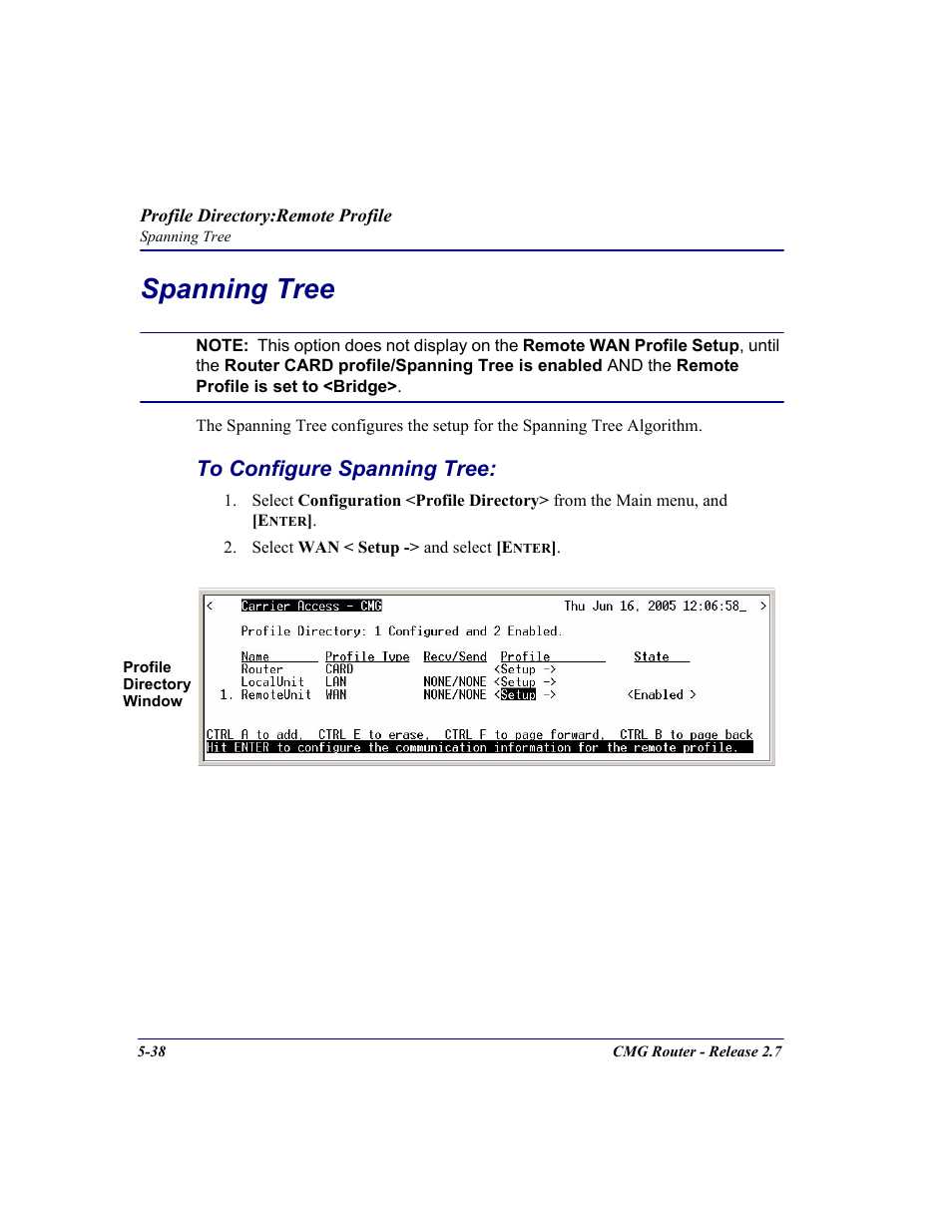 Spanning tree, To configure spanning tree, Spanning tree -38 | To configure spanning tree: -38 | Carrier Access CMG Router User Manual | Page 170 / 296