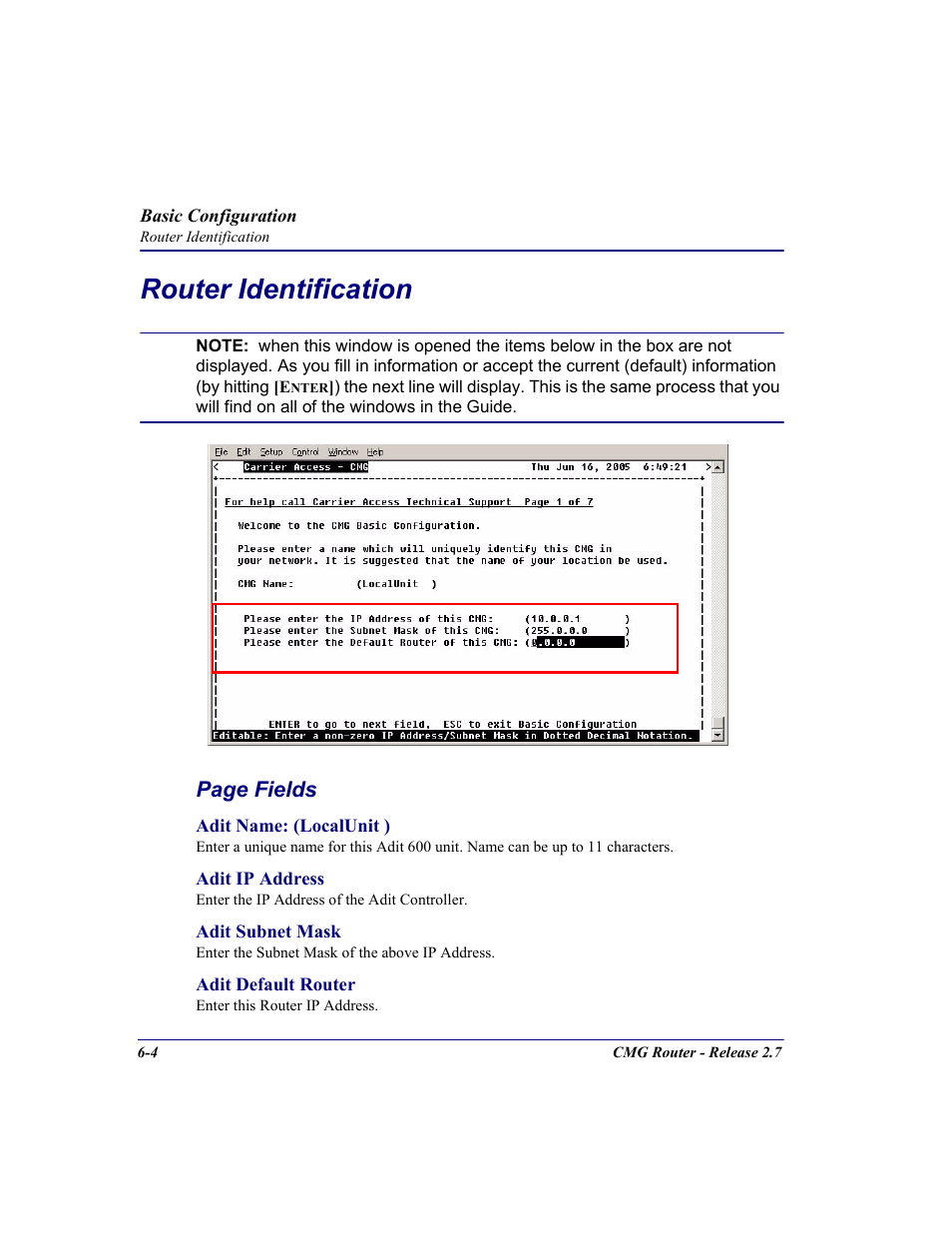 Router identification, Router identification -4, Page fields | Carrier Access CMG Router User Manual | Page 178 / 296