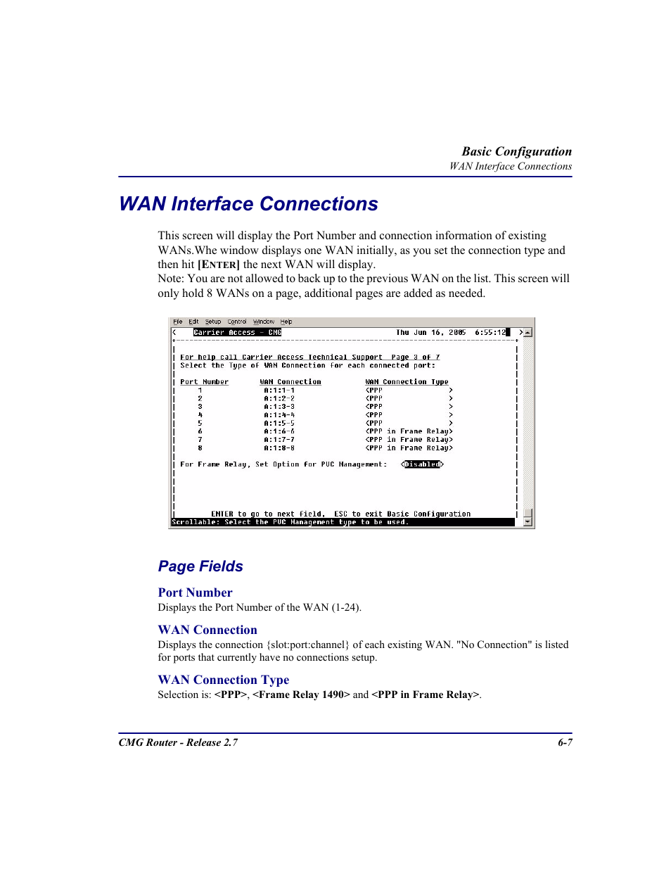 Wan interface connections, Wan interface connections -7, Page fields | Carrier Access CMG Router User Manual | Page 181 / 296