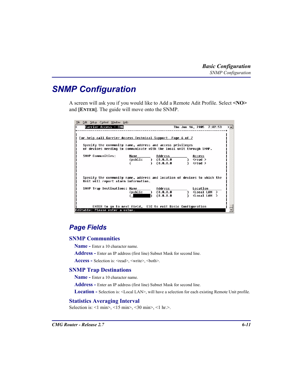 Snmp configuration, Snmp configuration -11, Page fields | Carrier Access CMG Router User Manual | Page 185 / 296