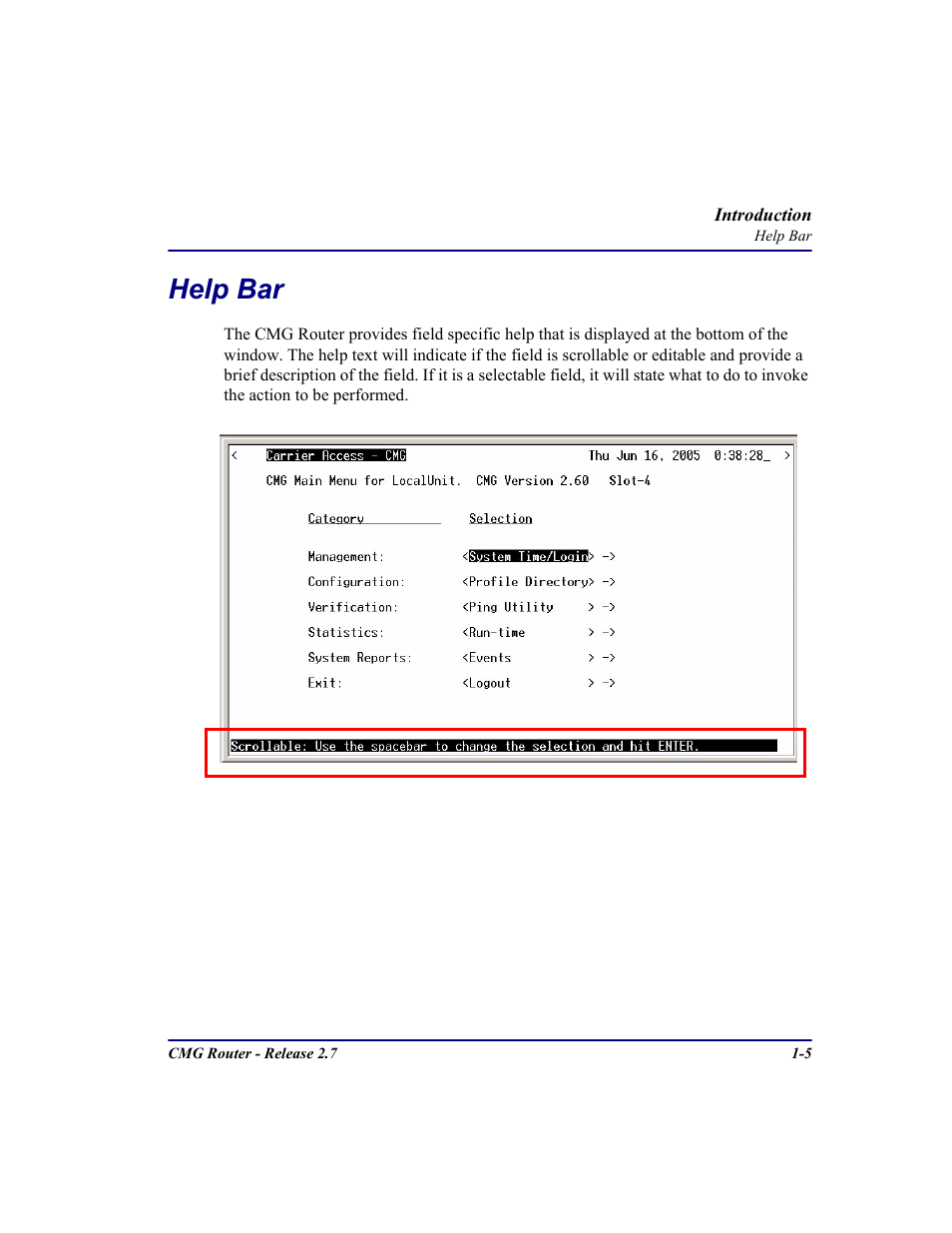 Help bar, Help bar -5 | Carrier Access CMG Router User Manual | Page 19 / 296