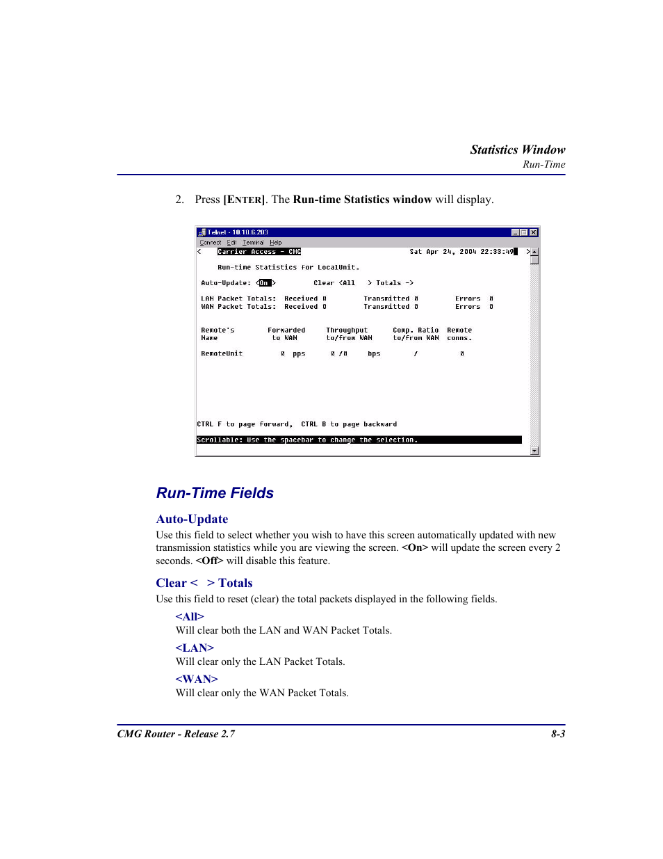 Run-time fields | Carrier Access CMG Router User Manual | Page 201 / 296