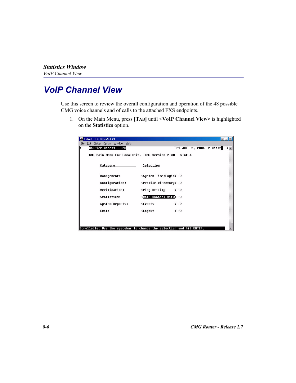 Voip channel view, Voip channel view -6 | Carrier Access CMG Router User Manual | Page 204 / 296