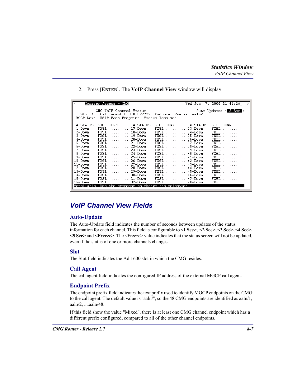 Voip channel view fields | Carrier Access CMG Router User Manual | Page 205 / 296