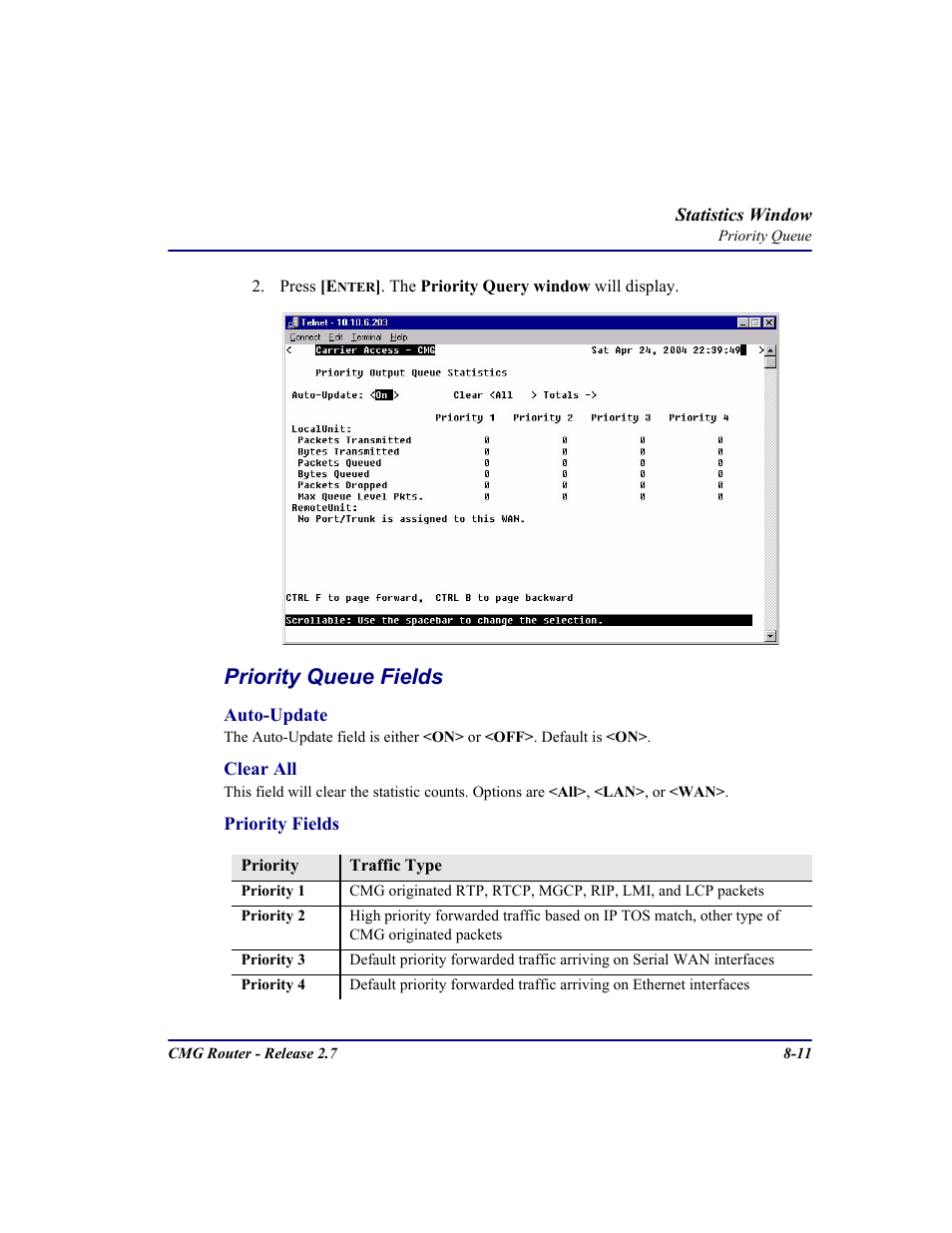 Priority queue fields | Carrier Access CMG Router User Manual | Page 209 / 296