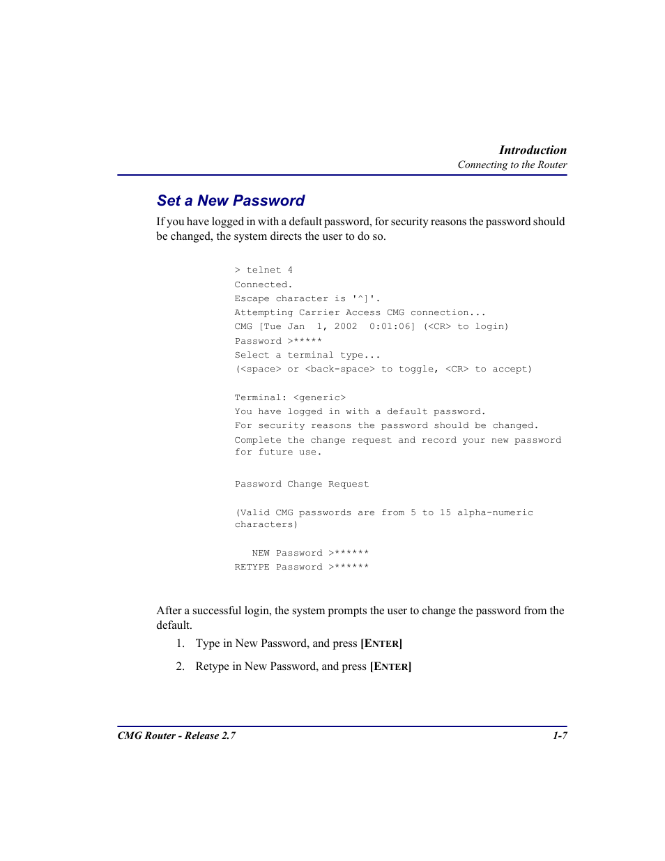 Set a new password, Set a new password -7 | Carrier Access CMG Router User Manual | Page 21 / 296