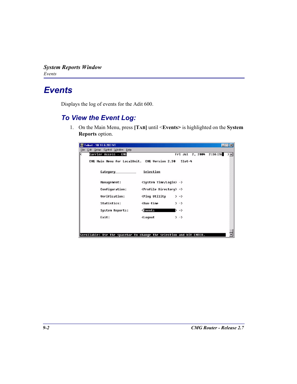 Events, To view the event log, Events -2 | To view the event log: -2 | Carrier Access CMG Router User Manual | Page 212 / 296