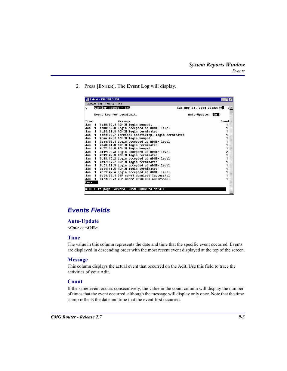 Events fields | Carrier Access CMG Router User Manual | Page 213 / 296