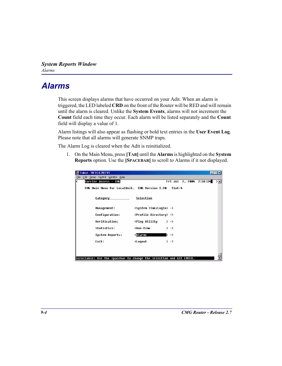Alarms, Alarms -4 | Carrier Access CMG Router User Manual | Page 214 / 296
