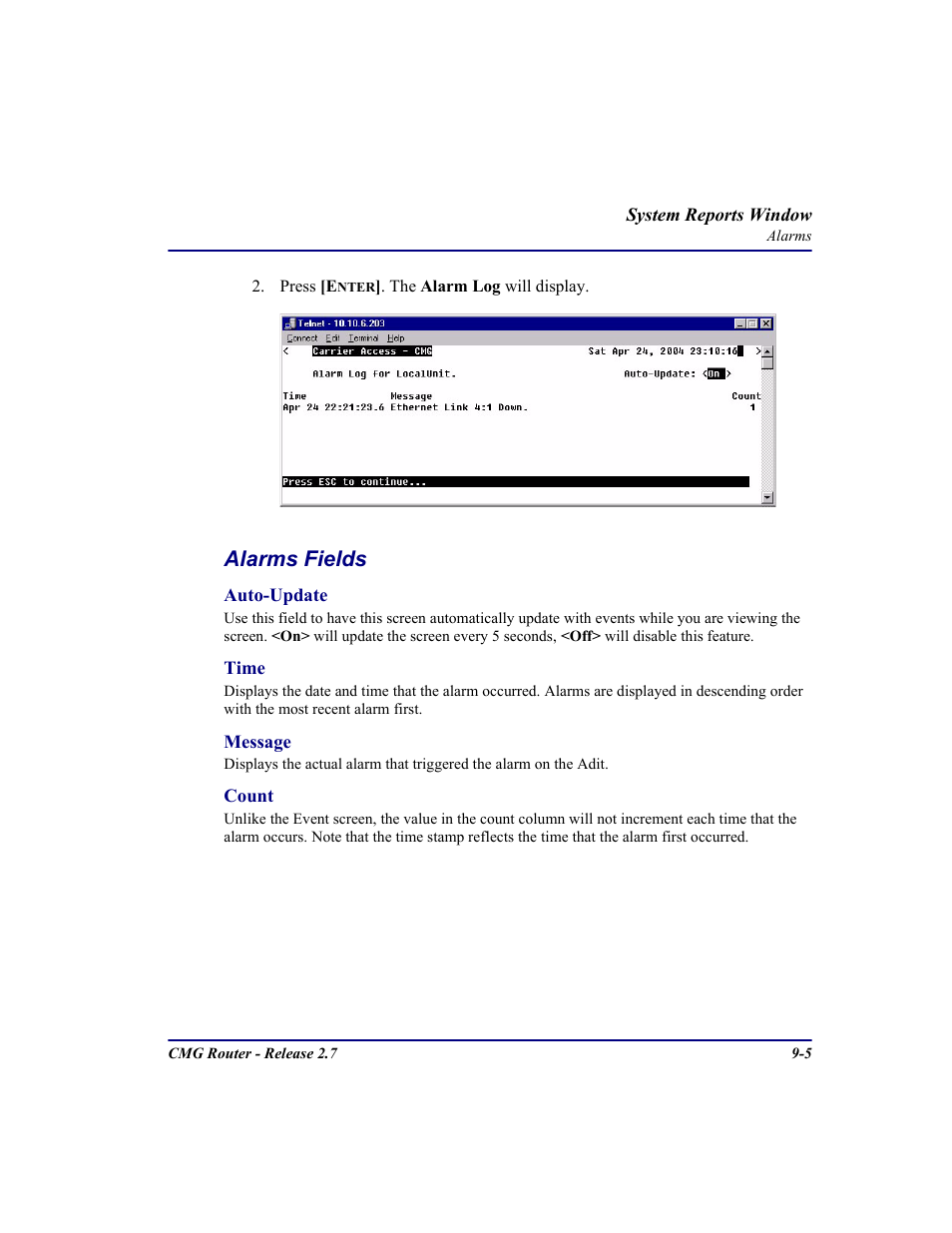 Alarms fields | Carrier Access CMG Router User Manual | Page 215 / 296