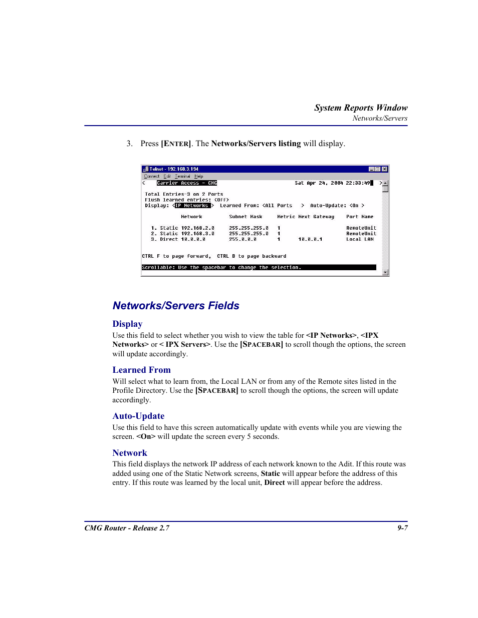 Networks/servers fields | Carrier Access CMG Router User Manual | Page 217 / 296