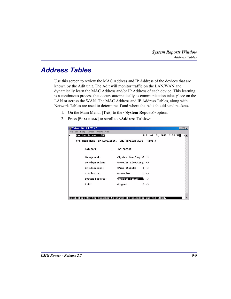 Address tables, Address tables -9 | Carrier Access CMG Router User Manual | Page 219 / 296