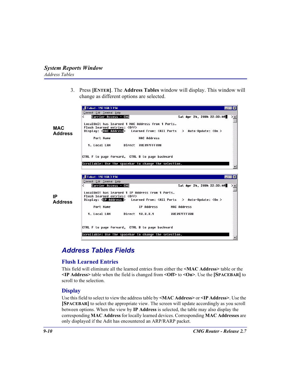 Address tables fields | Carrier Access CMG Router User Manual | Page 220 / 296