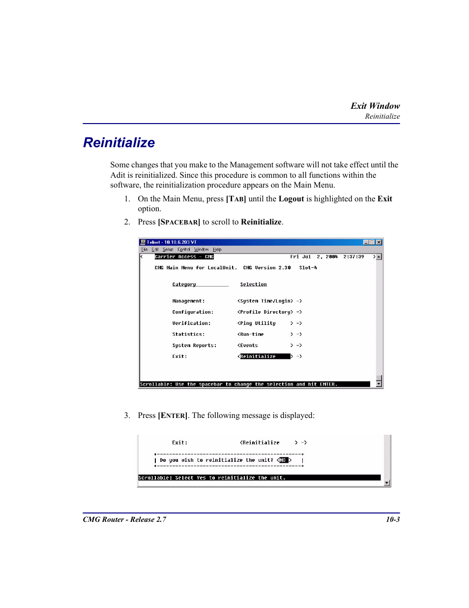Reinitialize, Reinitialize -3 | Carrier Access CMG Router User Manual | Page 225 / 296
