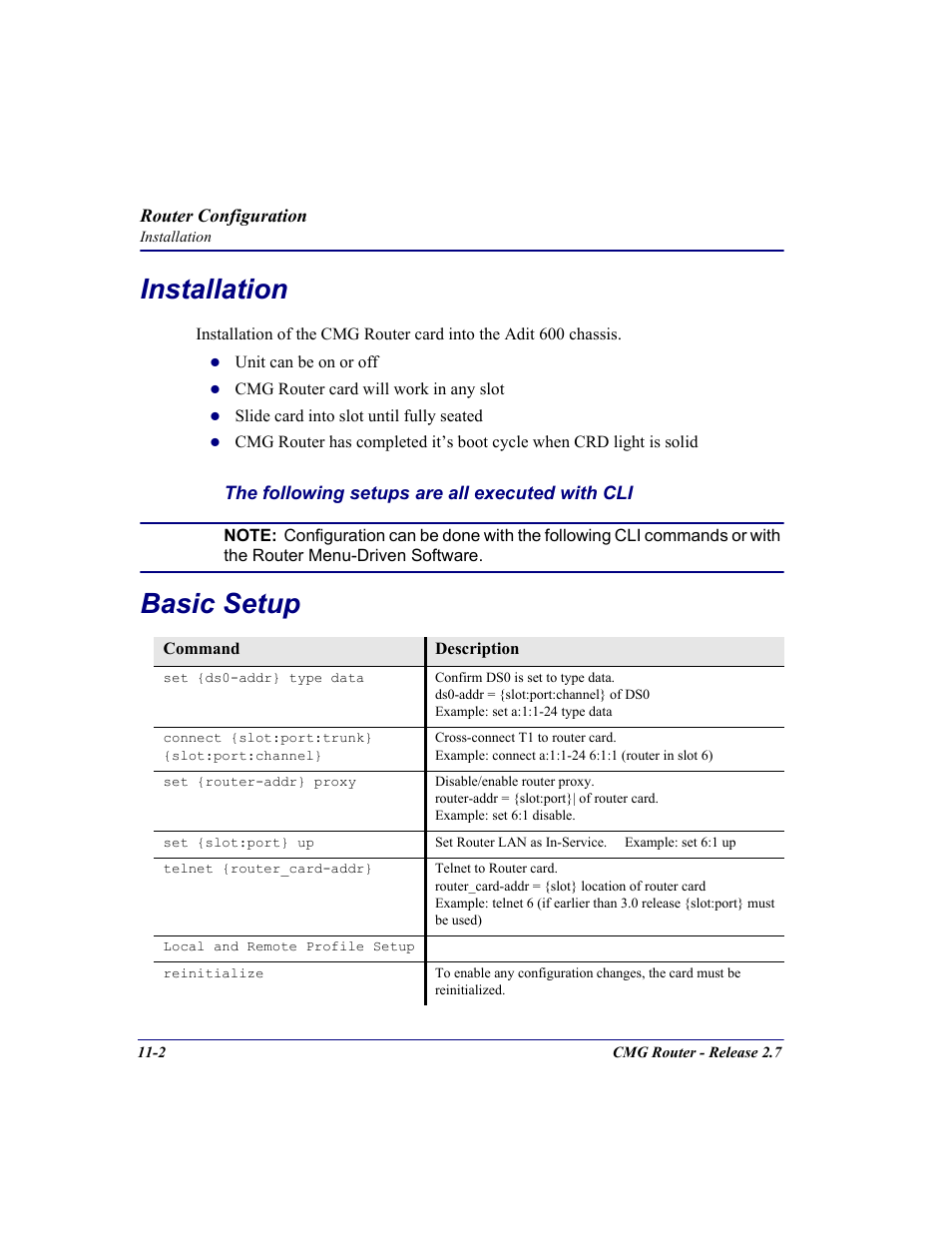 Installation, Basic setup, Installation -2 basic setup -2 | Carrier Access CMG Router User Manual | Page 228 / 296