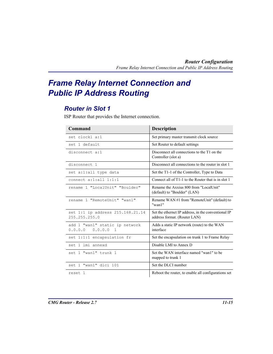 Router in slot 1, Frame relay internet connection and, Public ip address routing -15 router in slot 1 -15 | Carrier Access CMG Router User Manual | Page 241 / 296