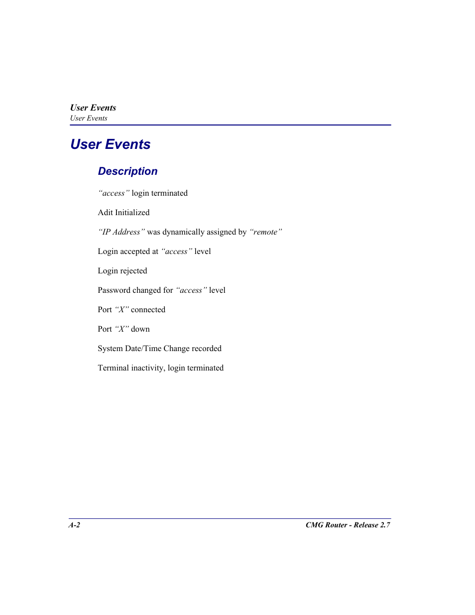 User events | Carrier Access CMG Router User Manual | Page 250 / 296