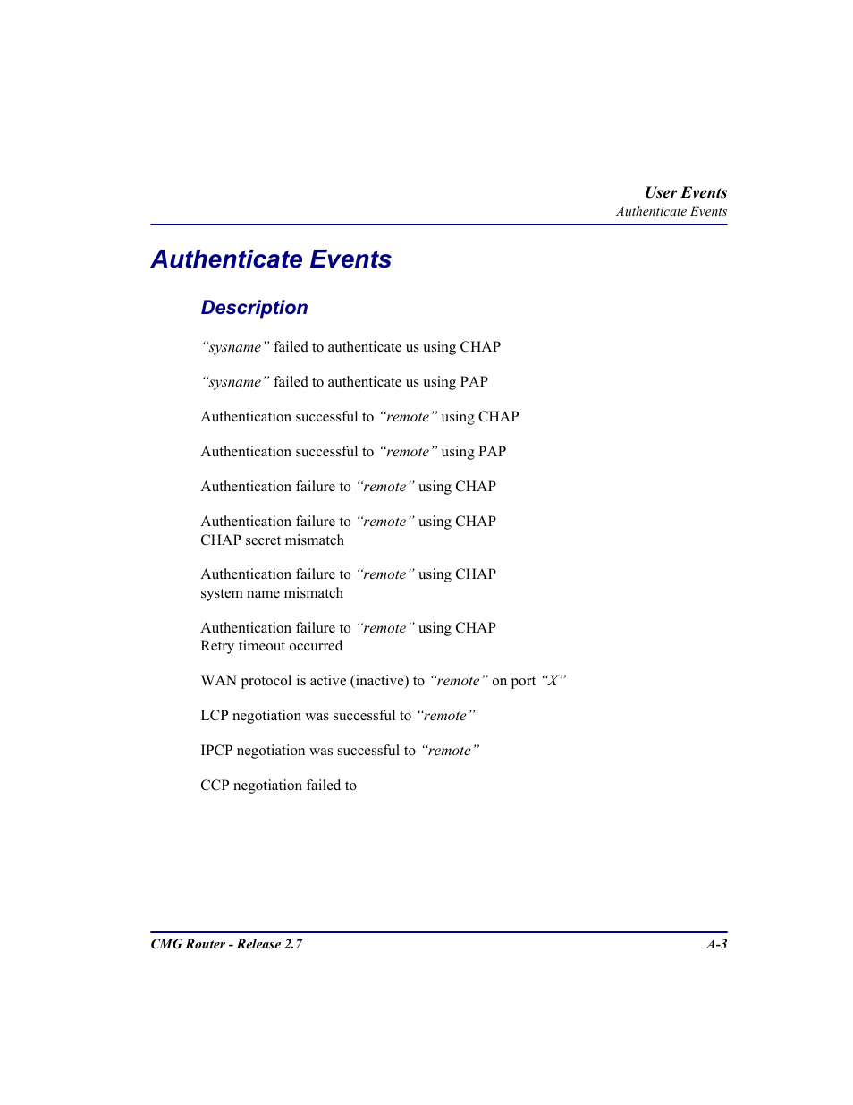 Authenticate events | Carrier Access CMG Router User Manual | Page 251 / 296