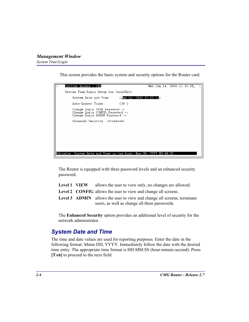 System date and time, System date and time -4 | Carrier Access CMG Router User Manual | Page 26 / 296