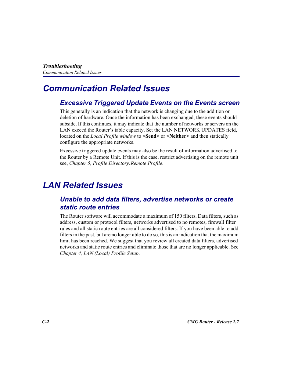 Communication related issues, Lan related issues | Carrier Access CMG Router User Manual | Page 268 / 296