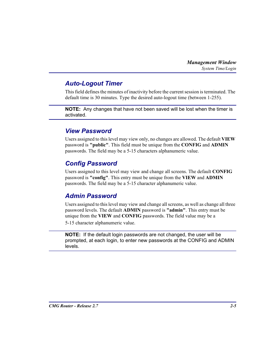 Auto-logout timer, View password, Config password | Admin password | Carrier Access CMG Router User Manual | Page 27 / 296