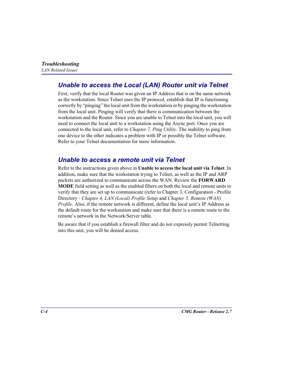Unable to access a remote unit via telnet | Carrier Access CMG Router User Manual | Page 270 / 296