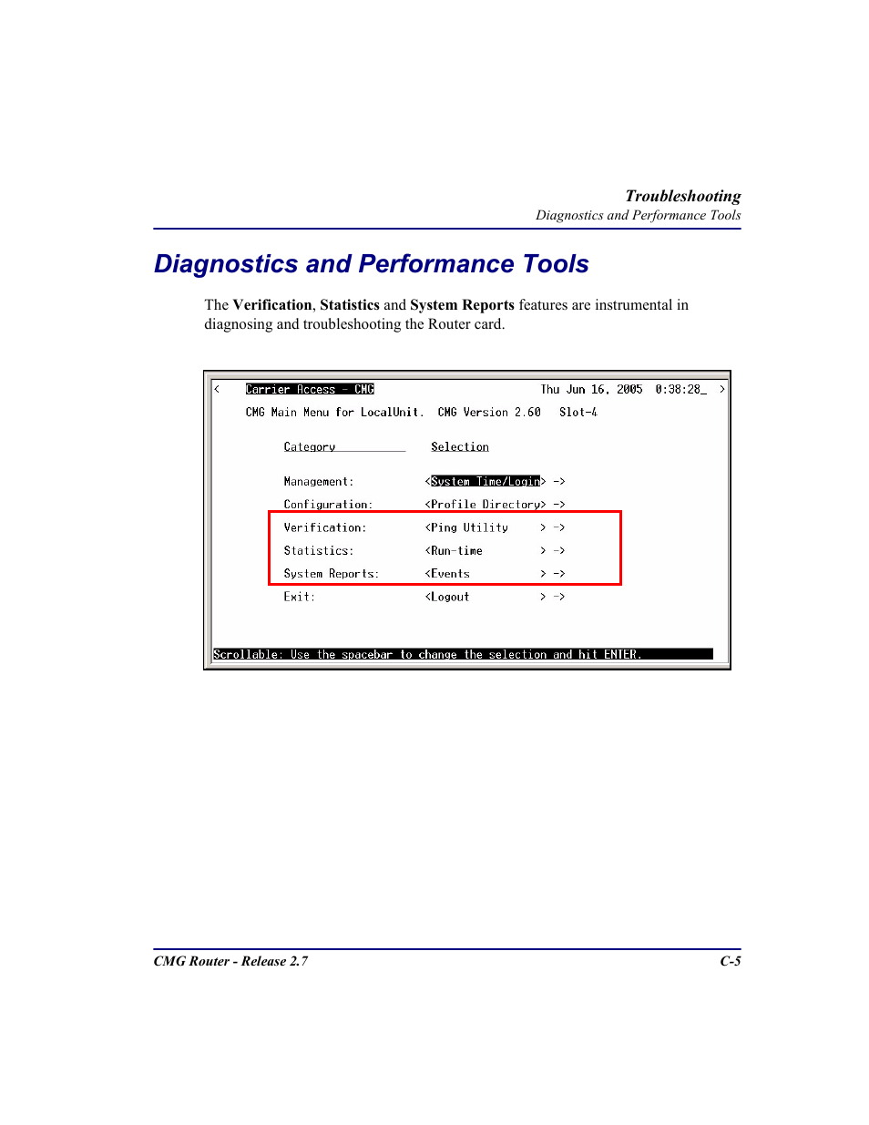 Diagnostics and performance tools | Carrier Access CMG Router User Manual | Page 271 / 296