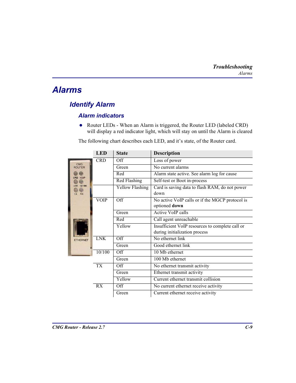 Alarms, Identify alarm | Carrier Access CMG Router User Manual | Page 275 / 296