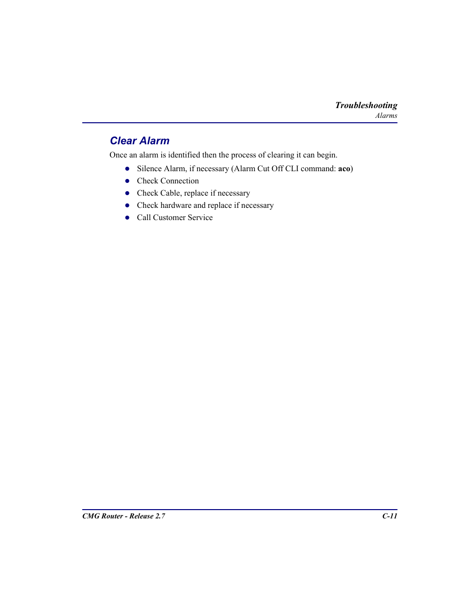 Clear alarm | Carrier Access CMG Router User Manual | Page 277 / 296