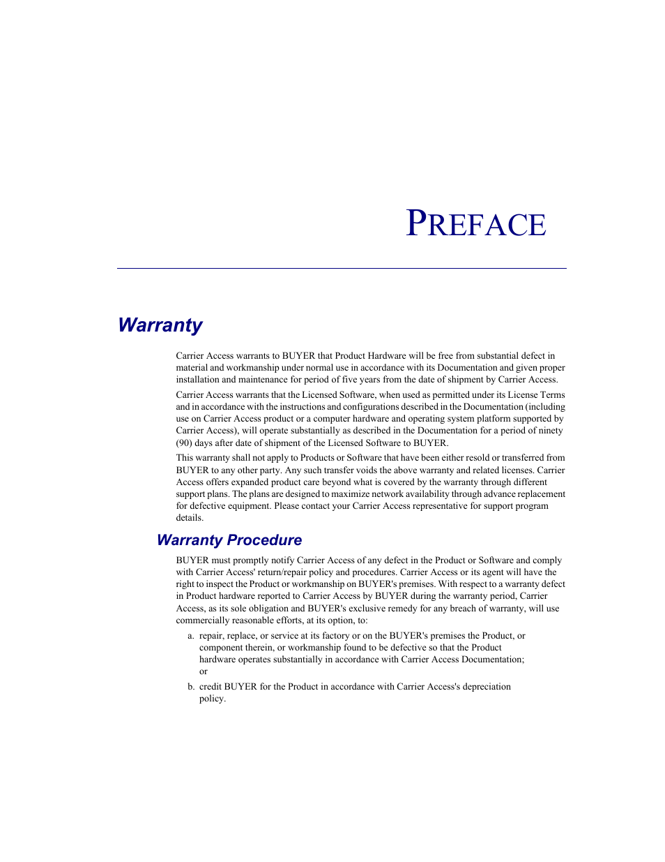 Preface, Warranty, Warranty procedure | Reface | Carrier Access CMG Router User Manual | Page 3 / 296