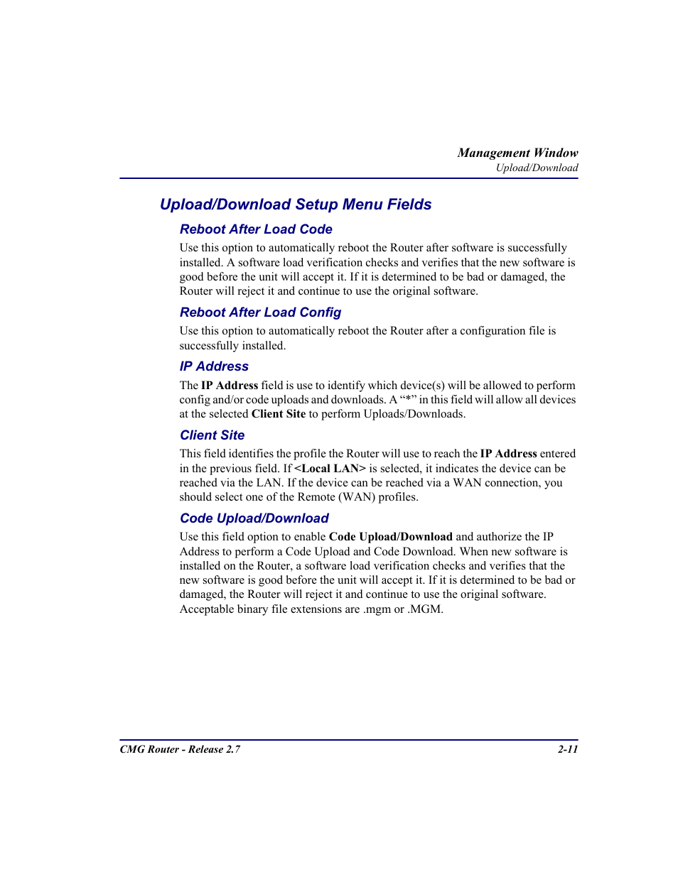 Upload/download setup menu fields, Upload/download setup menu fields -11 | Carrier Access CMG Router User Manual | Page 33 / 296