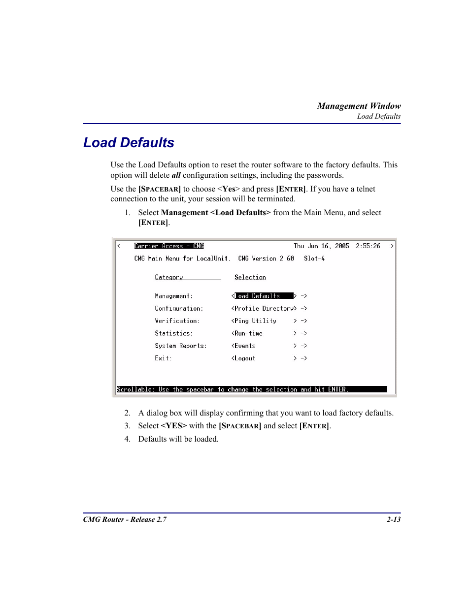 Load defaults, Load defaults -13 | Carrier Access CMG Router User Manual | Page 35 / 296