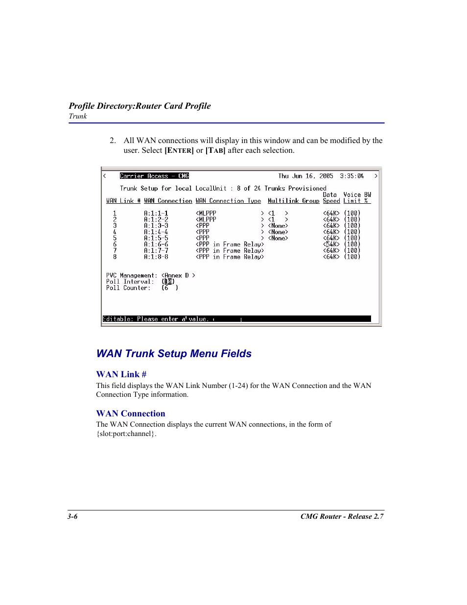 Wan trunk setup menu fields | Carrier Access CMG Router User Manual | Page 44 / 296