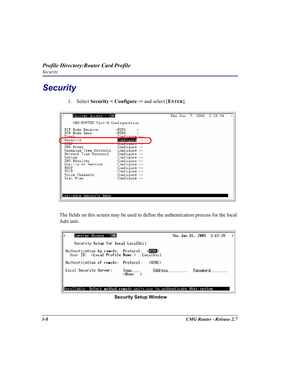 Security, Security -8 | Carrier Access CMG Router User Manual | Page 46 / 296