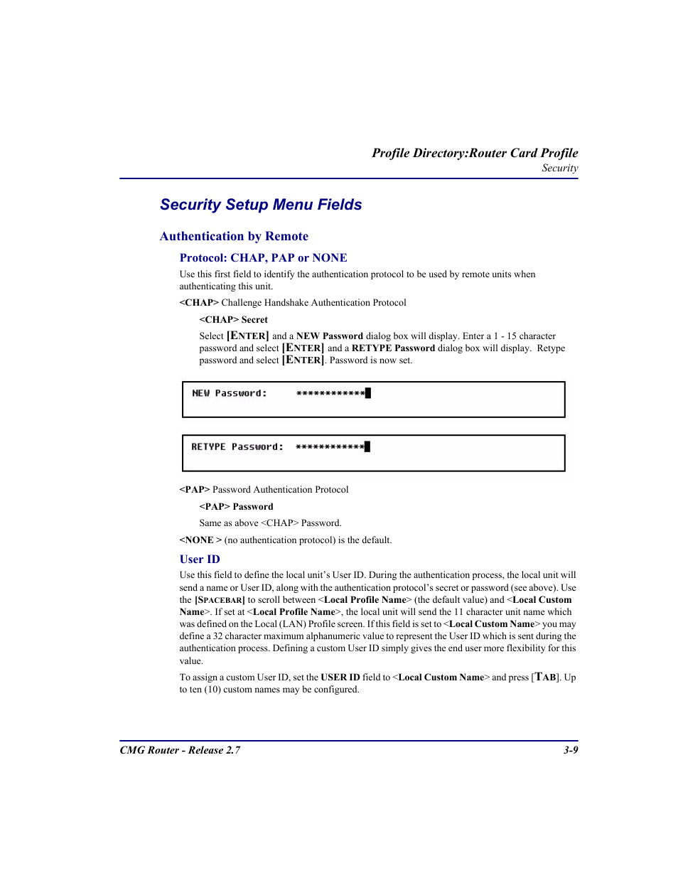 Security setup menu fields | Carrier Access CMG Router User Manual | Page 47 / 296